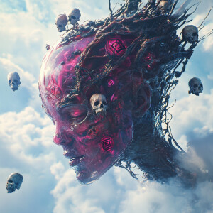 A majestic flying alien queen with torn ruby and crystal skin, a...