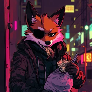 Create an image of a cartoon-style anthropomorphic red fox with...