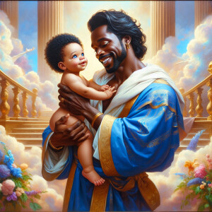 Classical oil painting style depicting an African-American Jesus...