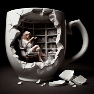 15 ounce white ceramic coffee mug, white part has a chunk missin...