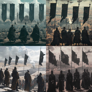 Generate a picture of 5 Muslim army generals with their backs sh...