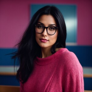 Create an image of a woman with alluring brown eyes and long, st...