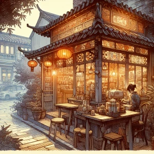 A cozy tea shop filled with warm tones and intricate patterns, i...