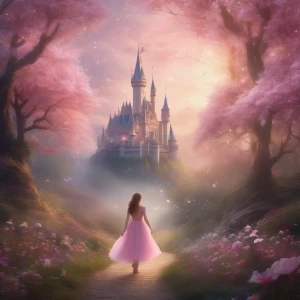 Create a fantasy-style image featuring a young girl walking thro...