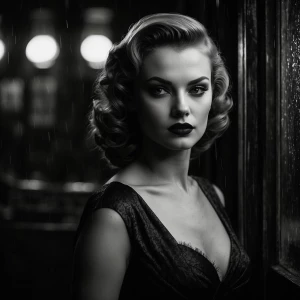 Ultra-realistic cinematic close-up of a femme fatale — a breatht...