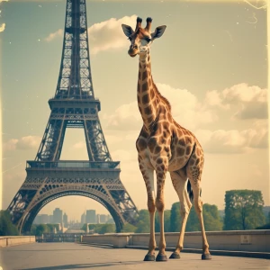 A giraffe standing in front of the eiffel tower
