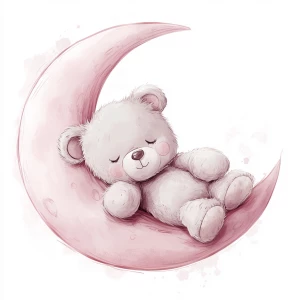 A cute, cartoon teddybear lies on a stylized, rosy-pink crescent moon. The teaddy bear is light gray with large, round, pink-spotted ears.  Its body is round and he has expressive eyes.  its facial expression is happy and friendly. The teddy bears leg and foot are visible, and its posture is relaxed, slumped in the curve of the moon. it's stomach is lying down on the moon with left arm and leg showing hanging down. The moon is a soft, shaded pink, with watercolor-like texture and subtle shading. The background is white. The image is in a child-friendly style, showcasing delicate line work and color palettes. The composition is centered on the teddy bear which is positioned on the moon, giving the moon a hug with closed eyes. The overall style is sweet, whimsical, and reminiscent of children's book illustrations.  The colors are pastel and soothing, creating a gentle atmosphere.