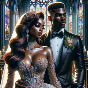 Create a realistic airbrushed illustration of a beautiful African-American couple at their wedding. The woman has flawless makeup, long wavy hair, and wears a spectacular gown adorned with various types of jewels, embodying elegance and sophistication. Her partner, an African-American man, is dressed in a sleek black Gucci suit and sports a fade crop top haircut, adding a modern flair to his dapper appearance. They stand together in a beautiful church, which is enhanced by colorful stained glass windows casting a vibrant glow around them, adding to the solemnity and joy of the occasion. The image should capture the essence of their love and the intricate details of their attire and the setting, all in a heavily HDR style at 300 dpi.