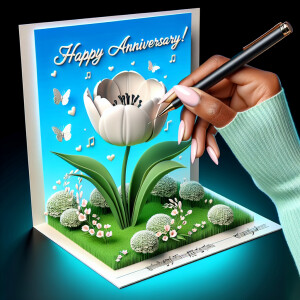 Create a vivid 3D image featuring a card with 'HAPPY ANNIVERSARY...