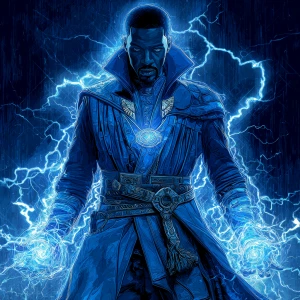 A powerful superhero character in a futuristic outfit, wearing a...