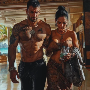 photorealism,hyperrealism style,A sweaty tattoed muscular  man w...