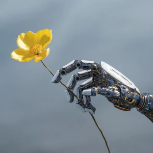 the robot's metal finger touches the yellow petals of the flower...
