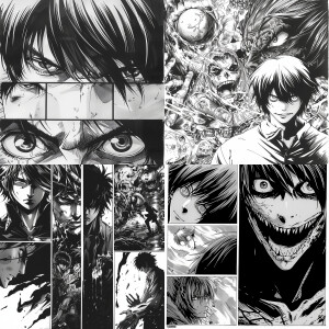 Create 8 comic book pages of the anime series Death Note as deta...