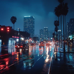 A nighttime view of Los Angeles right after a heavy rain, showca...