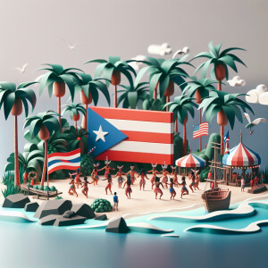 3d Puerto Rican flag beach background surrounded by palm trees t...