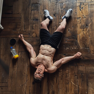 The image shows a shirtless man lying flat on his back on a wood...