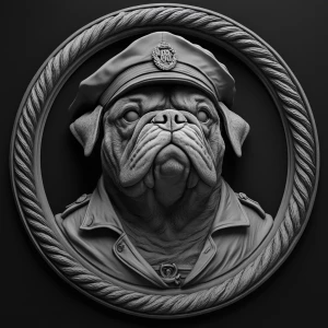 Design a grayscale 3D bas-relief of marine bulldog wearing a mar...