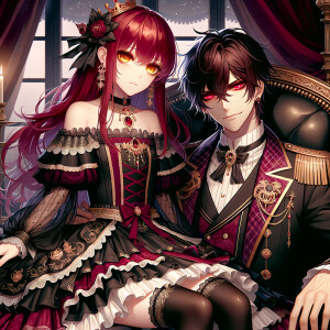 Lilith as a girl with elegant gothic lolita dress sit on the lap...