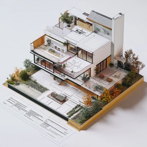 A detailed specification sheet for a 3D house with callouts and dimensions, highly technical