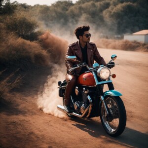 Give me a handsome man riding a motorcycle