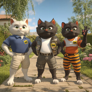 Create a 3D animated image of three muscular anthropomorphic cat...