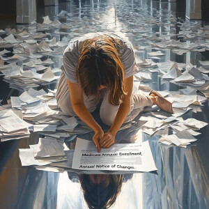 Generate an image of a weary, woman with brown hair streaked wit...