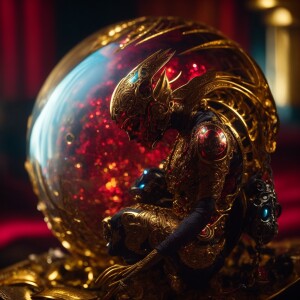 An intricately tattooed alien hybrid with gold, black, and red s...