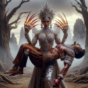 portrait of angry looking, muscular beautiful goddess durga carrying a short weak evil man and stabbing him with her red fingernails. She is wearing diamond saree, diamond armor, a huge diamond crown, abundant diamond jewelry. The scene is set in a dry landscape.  blood everywhere. The image is 8K resolution, cinematic, ultra detailed face and epic.