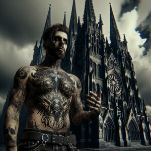 Black Headed Gothic Man with Tattoos with a Cathedral in the bac...