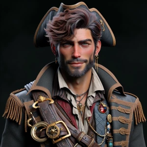 Create a 3D character of a handsome pirate, featuring chiseled f...