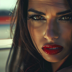 Beautiful Hispanic female vampire race car driver, fangs slightl...