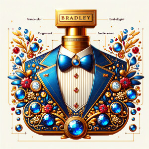 Create a blue and gold cologne bottle in the shape of a tuxedo w...
