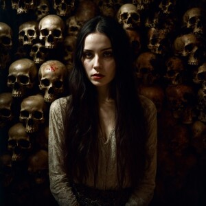 A haunting, hyperrealistic portrait of a pale young woman with l...