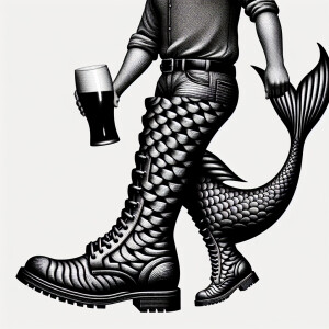 Armenian man with pint Guinness in hand, attack mermaid heel boo...