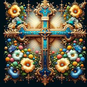 Create an image of a majestic cross, larger in size, with a harm...