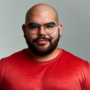 Bald over weight hispanic trans man with glasses and wearing a r...