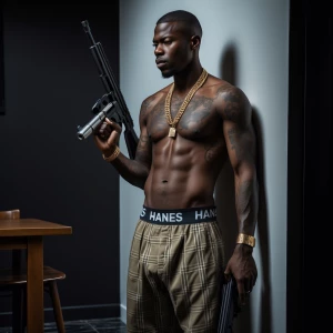 A shirtless man with tattoos on his chest and arms, wearing khak...