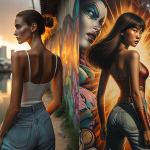 Athletic Thin skinny Attractive, Asian teenage girl, long brown hair and bangs, wearing tight skinny jeans and a halter top paint marks on her clothing, heroic pose Asian graffiti background, backside view