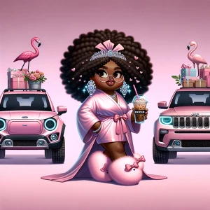 A whimsical animated scene shows a curvy african American exagge...