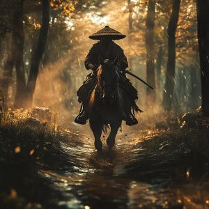 Create a realistic image of a straw hat swordsman riding a horse through a rainy forest with a third-person view and soft dusky light. Cinematic style. High definitions.