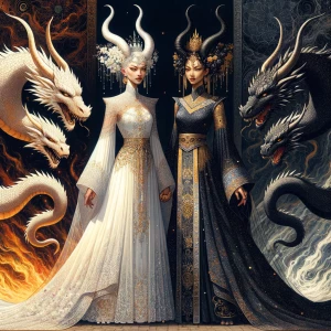 Graphic-style illustration of two stunning dragon women standing...