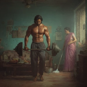 Hyperrealism digital painting ,a indian muscular beefy sweaty...