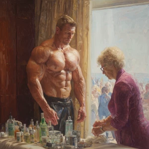 Create a hyperrealistic photo painting of a muscular, beefy Russ...