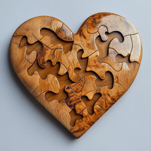 A wooden puzzle shaped like a heart with interlocking pieces, se...