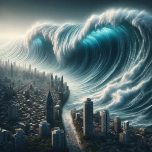 Create a hyper-realistic image of a massive tsunami approaching...