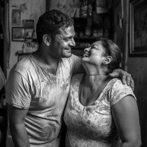 An Indian man, showing muscular build and signs of a rough past,...