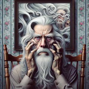 Digital art, a stylized old man with long silver hair, clean sha...