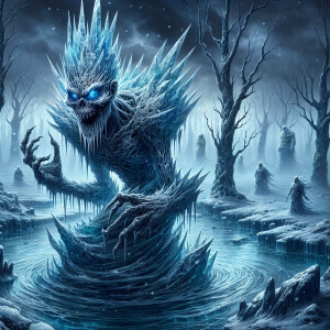 "Illustrate a malevolent, water and ice-based entity rising from...