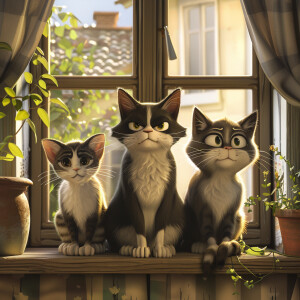 A cartoon of three mischievous cats sitting on a ledge, looking...