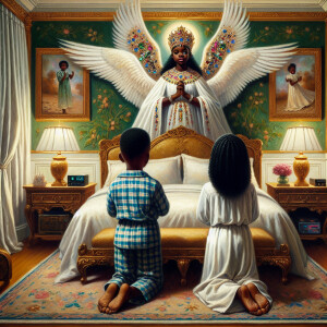 An oil painting of two African-American children with dark skin,...